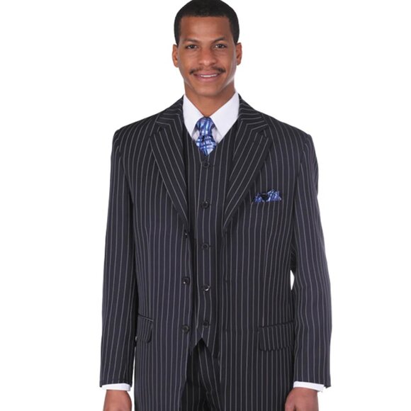 Mens 3 Button Notch Lapel Bold Pinstripe Suit in Navy Blue - Picture 1 of 2